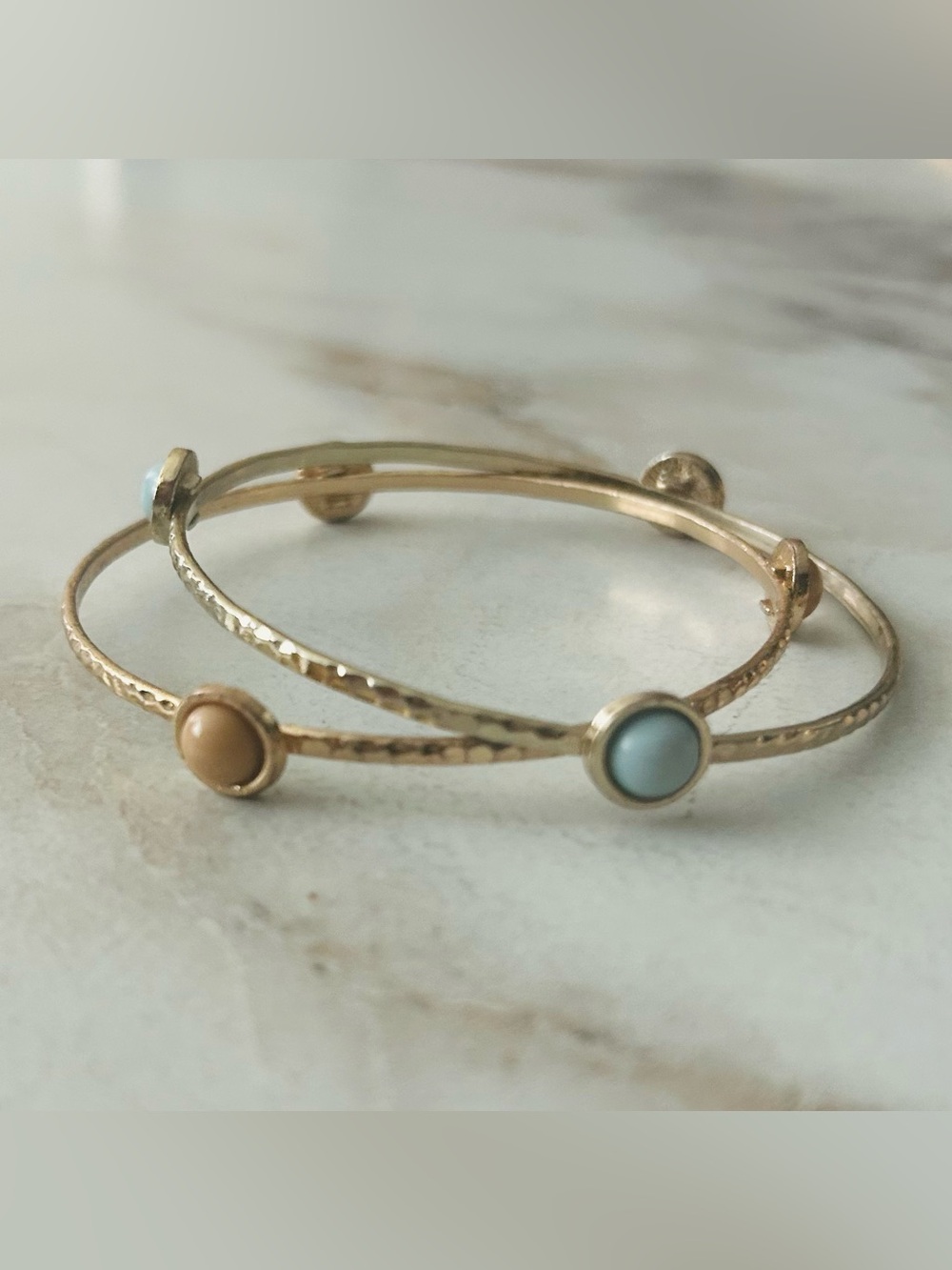 Vintage Gold Toned Pair of Bangle Bracelets - One Blue & One Peach